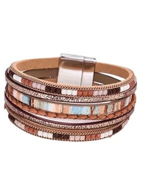 Brown Leather Multi Layer Shimmer Magnetic Bracelet
